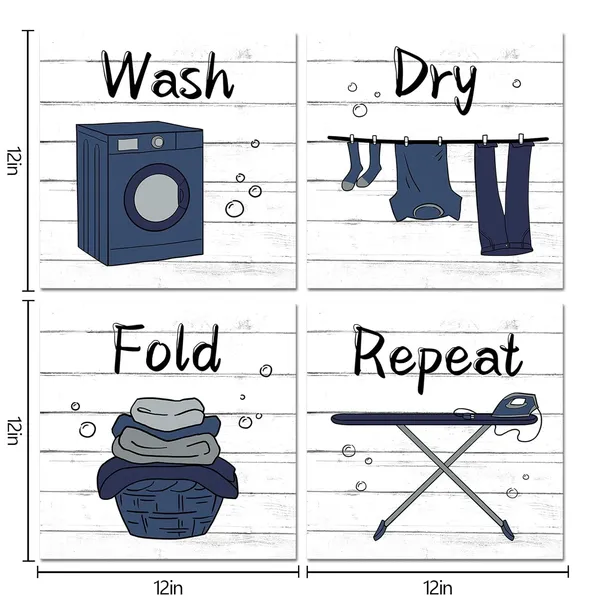 White_Laundry_Sign_Wash_Dry_Fold_Laundry_Decorations_Laundry_Wall_Decor,_Framed_12X12Inchx4Pieces_(White)