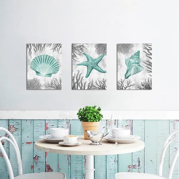 Multicolor_Sea_Coastal_Style_Picture_Teal_Starfish_Shell_Conch_Grey_Coral_Painting_Canvas_Prints_Artwork_Gift_|_For_Bedroom_Bathroom_Home_Living_Room_Wall_Decoration