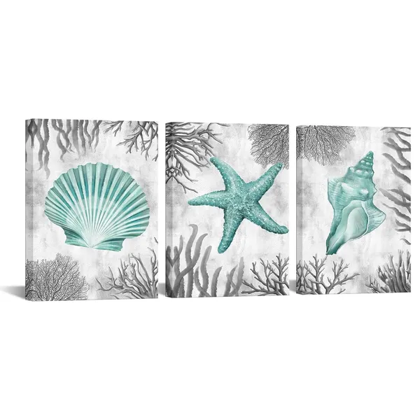 Multicolor_Sea_Coastal_Style_Picture_Teal_Starfish_Shell_Conch_Grey_Coral_Painting_Canvas_Prints_Artwork_Gift_|_For_Bedroom_Bathroom_Home_Living_Room_Wall_Decoration