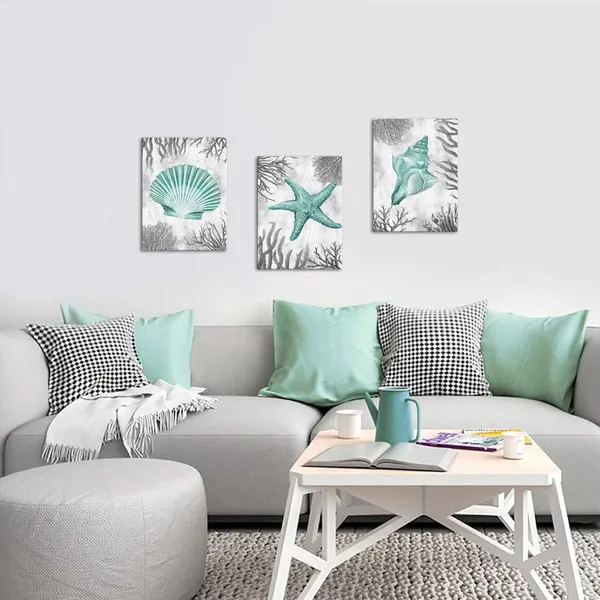 Multicolor_Sea_Coastal_Style_Picture_Teal_Starfish_Shell_Conch_Grey_Coral_Painting_Canvas_Prints_Artwork_Gift_|_For_Bedroom_Bathroom_Home_Living_Room_Wall_Decoration