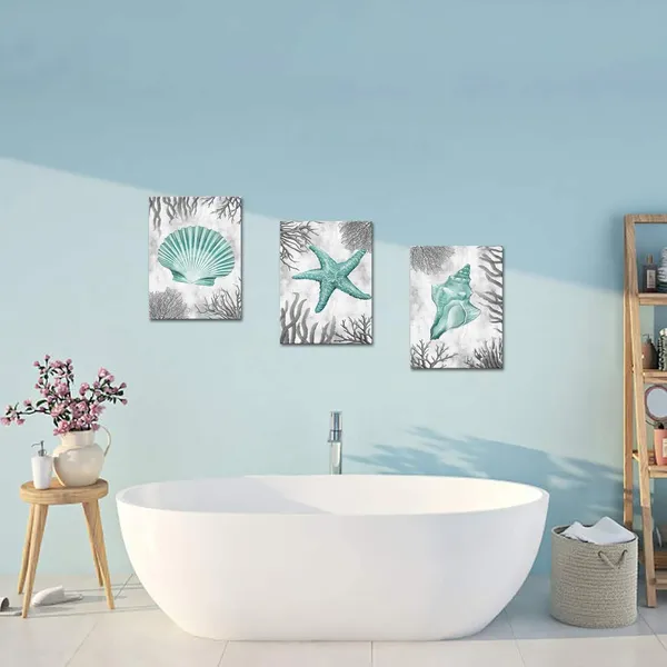 Multicolor_Sea_Coastal_Style_Picture_Teal_Starfish_Shell_Conch_Grey_Coral_Painting_Canvas_Prints_Artwork_Gift_|_For_Bedroom_Bathroom_Home_Living_Room_Wall_Decoration