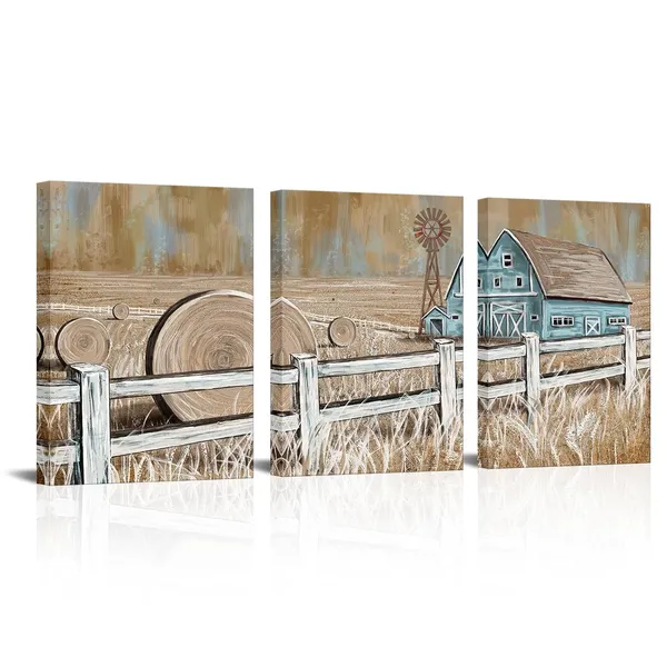 Brown_Farmhouse_Landscape_Wall_Art_Rustic_Teal_Barn_Windmill_Painting_Country_Wall_Decor,_Framed_Artwork_Farm_Decor_(12"X16"X3_Pieces)