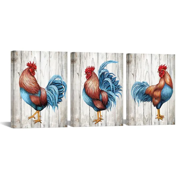 Gray_Rooster_Kitchen_Decor_Chicken_Decor_Pictures_Framed_Canvas_Wall_Art_Farm_House_Decor_12Inx16Inx3Pieces_(Gray)