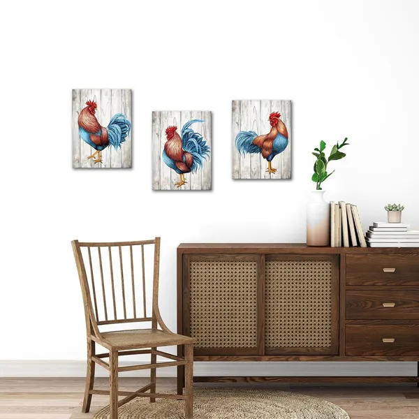 Gray_Rooster_Kitchen_Decor_Chicken_Decor_Pictures_Framed_Canvas_Wall_Art_Farm_House_Decor_12Inx16Inx3Pieces_(Gray)