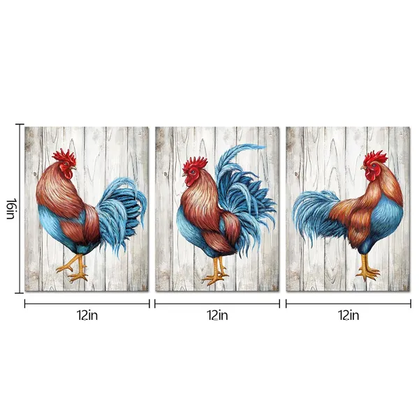 Gray_Rooster_Kitchen_Decor_Chicken_Decor_Pictures_Framed_Canvas_Wall_Art_Farm_House_Decor_12Inx16Inx3Pieces_(Gray)