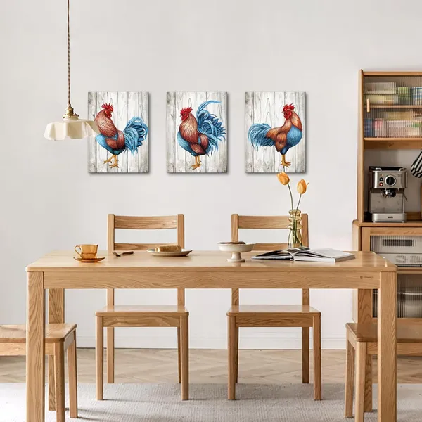 Gray_Rooster_Kitchen_Decor_Chicken_Decor_Pictures_Framed_Canvas_Wall_Art_Farm_House_Decor_12Inx16Inx3Pieces_(Gray)