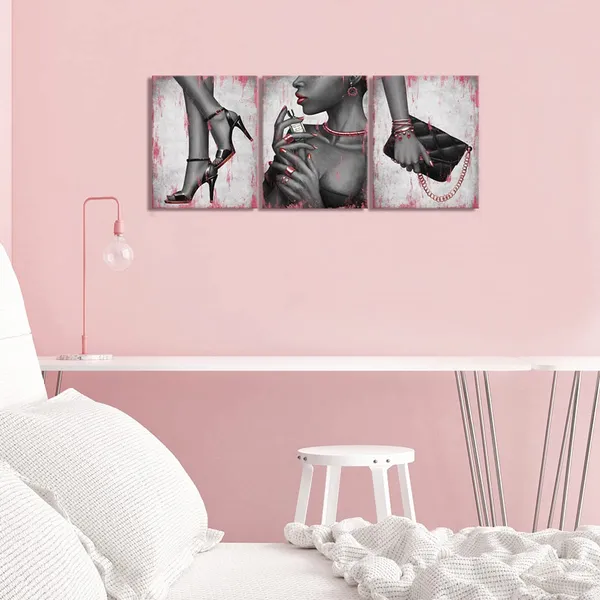 Multicolor_Fashion_Elegant_African_American_Black_Woman_Canvas_Wall_Art_Gold_Rose_Pink_High_Heel_Shoes_Necklace_Perfume_Handbag_Painting_Giclee_Prints_Framed_Poster_|_For_Home_Living_Room_Bedroom