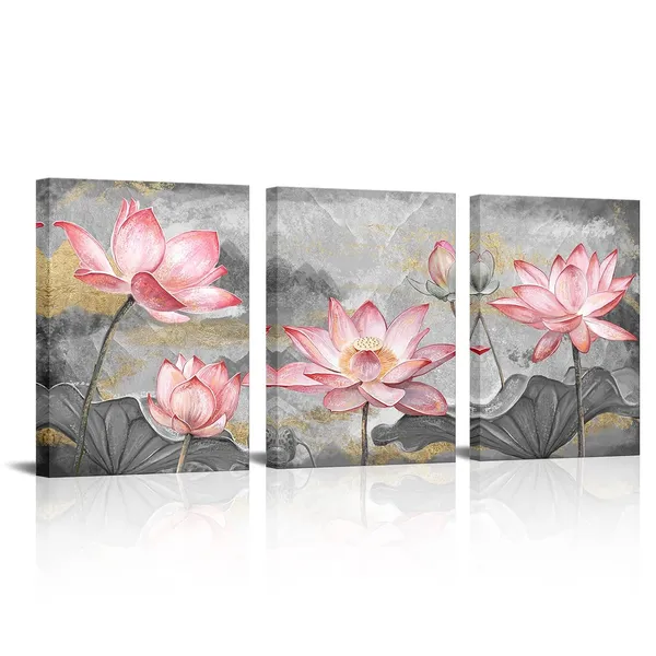Pink_Pink_Lotus_Flowers_Canvas_Wall_Art_Elegant_Water_Lily_Floral_Painting_Prints_Asian_Zen_Style_Artwork_|_For_Living_Room_Bathroom_Bedroom_Wall_Decoration