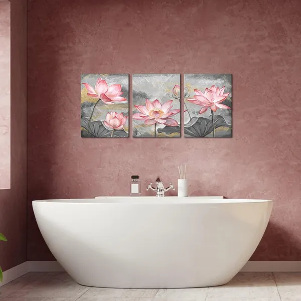 Pink_Pink_Lotus_Flowers_Canvas_Wall_Art_Elegant_Water_Lily_Floral_Painting_Prints_Asian_Zen_Style_Artwork_|_For_Living_Room_Bathroom_Bedroom_Wall_Decoration