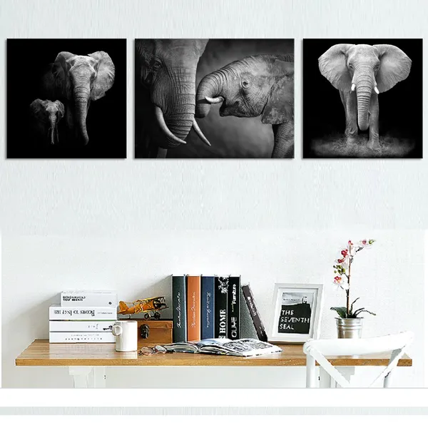 Black_Animal_Wall_Art_Black_And_White_Elephant_Pictures_African_Animals_Painting_Framed_Artwork_Living_Room_Bedroom_Decor_12X12Inchx2_Pieces+12X16Inchx1Piece