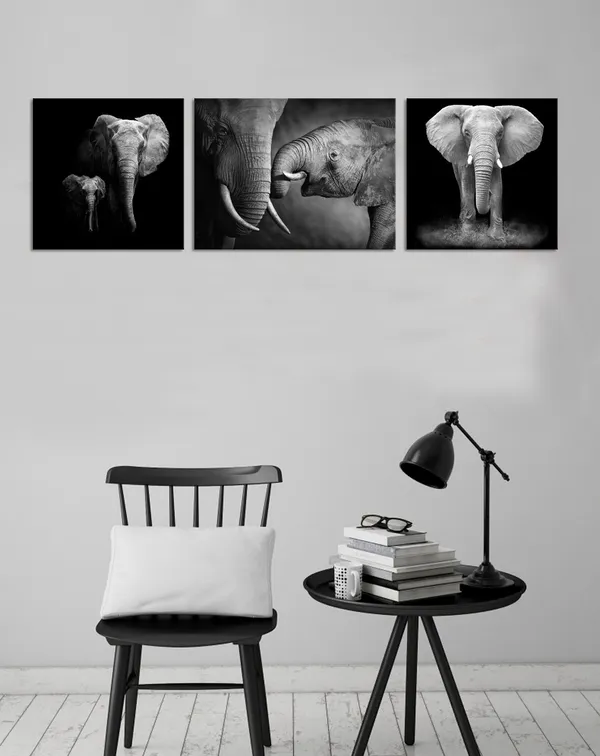 Black_Animal_Wall_Art_Black_And_White_Elephant_Pictures_African_Animals_Painting_Framed_Artwork_Living_Room_Bedroom_Decor_12X12Inchx2_Pieces+12X16Inchx1Piece