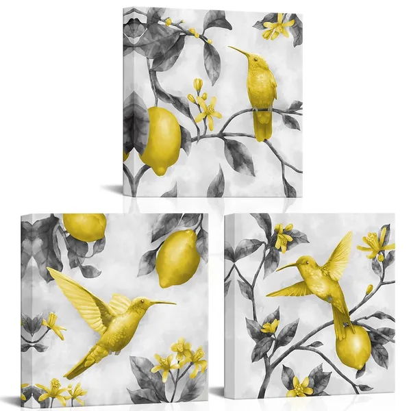 Multicolor_3_Panels_Yellow_And_Grey_Lemon_Flower_Hummingbird_Picture_|_For_Bedroom_Wall_Giclee_Canvas_Prints_Bird_Painting_Gallery_Wrapped_Artwork_|_For_Living_Room_Kitchen_Home_Office_Dining_Room