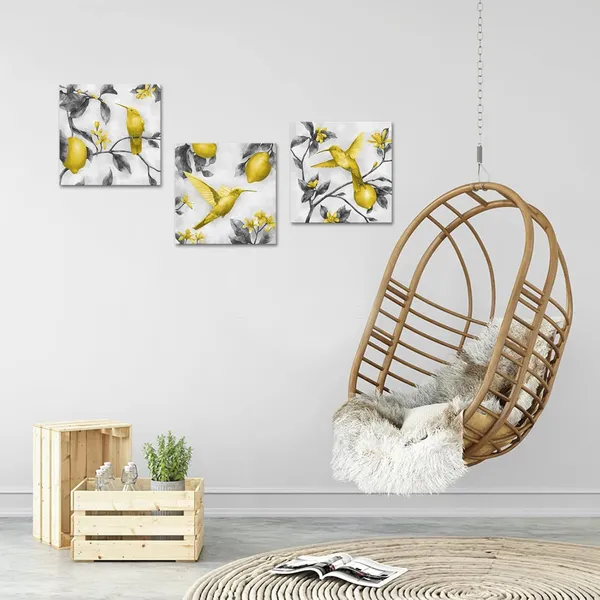 Multicolor_3_Panels_Yellow_And_Grey_Lemon_Flower_Hummingbird_Picture_|_For_Bedroom_Wall_Giclee_Canvas_Prints_Bird_Painting_Gallery_Wrapped_Artwork_|_For_Living_Room_Kitchen_Home_Office_Dining_Room