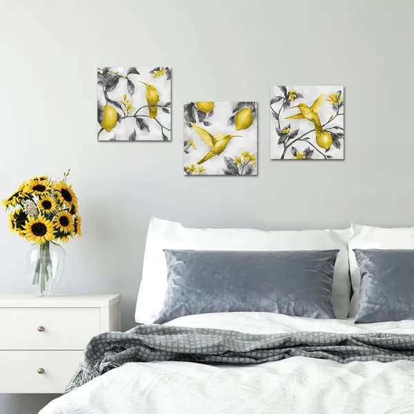 Multicolor_3_Panels_Yellow_And_Grey_Lemon_Flower_Hummingbird_Picture_|_For_Bedroom_Wall_Giclee_Canvas_Prints_Bird_Painting_Gallery_Wrapped_Artwork_|_For_Living_Room_Kitchen_Home_Office_Dining_Room