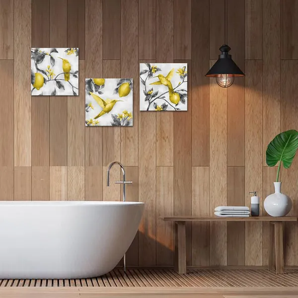 Multicolor_3_Panels_Yellow_And_Grey_Lemon_Flower_Hummingbird_Picture_|_For_Bedroom_Wall_Giclee_Canvas_Prints_Bird_Painting_Gallery_Wrapped_Artwork_|_For_Living_Room_Kitchen_Home_Office_Dining_Room