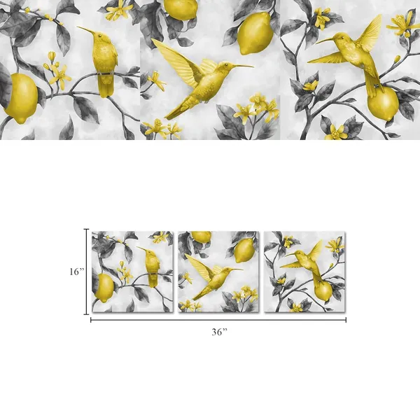 Multicolor_3_Panels_Yellow_And_Grey_Lemon_Flower_Hummingbird_Picture_|_For_Bedroom_Wall_Giclee_Canvas_Prints_Bird_Painting_Gallery_Wrapped_Artwork_|_For_Living_Room_Kitchen_Home_Office_Dining_Room
