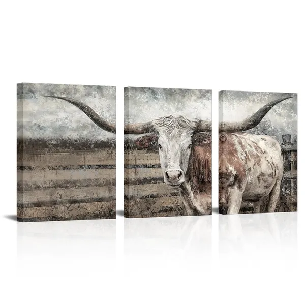 Brown_Texas_Longhorn_Wall_Decor_Cow_Painting_Pictures_Farm_Decor_Framed_Artwork_Home_Decoration
