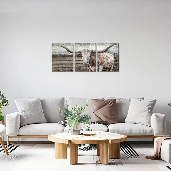 Brown_Texas_Longhorn_Wall_Decor_Cow_Painting_Pictures_Farm_Decor_Framed_Artwork_Home_Decoration
