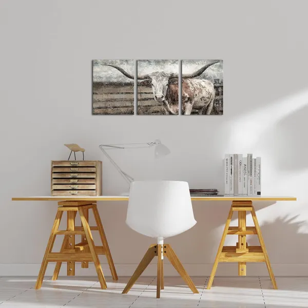 Brown_Texas_Longhorn_Wall_Decor_Cow_Painting_Pictures_Farm_Decor_Framed_Artwork_Home_Decoration