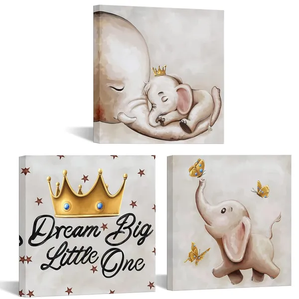 Multicolor_3_Pieces_Cute_Little_Elephant_Dream_Big_Painting_Canvas_Wall_Art_Prints_Animal_Picture_|_For_Kids_Bedroom_Nursery_Room_Artwork,Framed_12Inx12Inx3Pieces