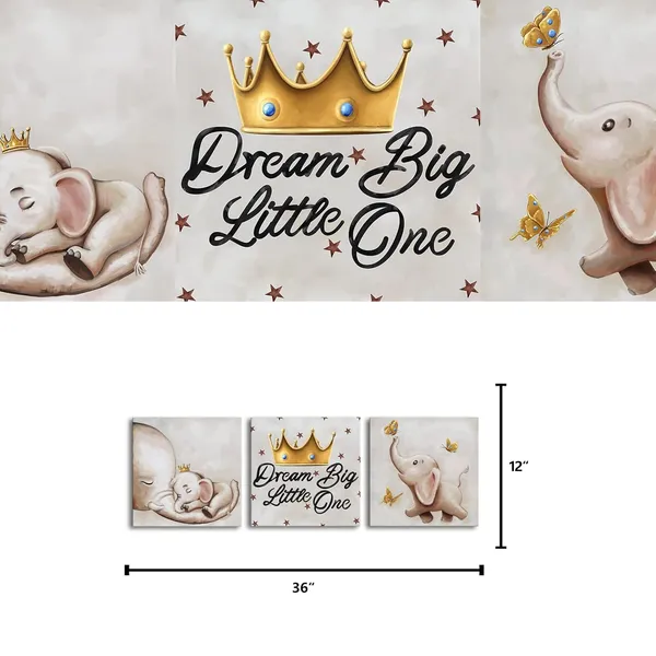 Multicolor_3_Pieces_Cute_Little_Elephant_Dream_Big_Painting_Canvas_Wall_Art_Prints_Animal_Picture_|_For_Kids_Bedroom_Nursery_Room_Artwork,Framed_12Inx12Inx3Pieces