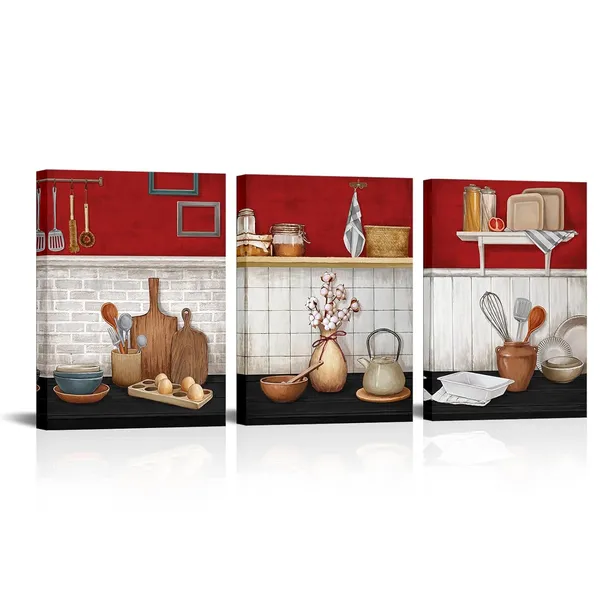 Red_Kitchen_Wall_Art_Black_And_Red_Kitchen_Painting_Picture_Dining_Room_Decor_Framed_Ready_To_Hang,_12X16Inchx3_(Red)