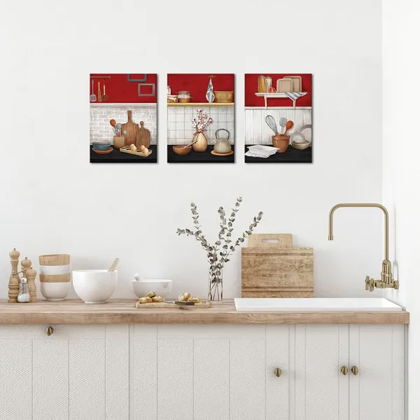Red_Kitchen_Wall_Art_Black_And_Red_Kitchen_Painting_Picture_Dining_Room_Decor_Framed_Ready_To_Hang,_12X16Inchx3_(Red)