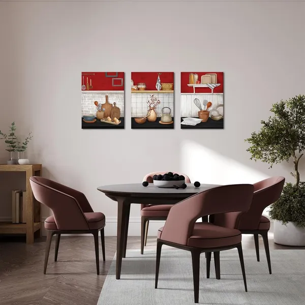 Red_Kitchen_Wall_Art_Black_And_Red_Kitchen_Painting_Picture_Dining_Room_Decor_Framed_Ready_To_Hang,_12X16Inchx3_(Red)