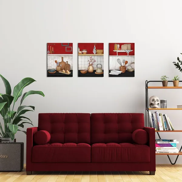 Red_Kitchen_Wall_Art_Black_And_Red_Kitchen_Painting_Picture_Dining_Room_Decor_Framed_Ready_To_Hang,_12X16Inchx3_(Red)