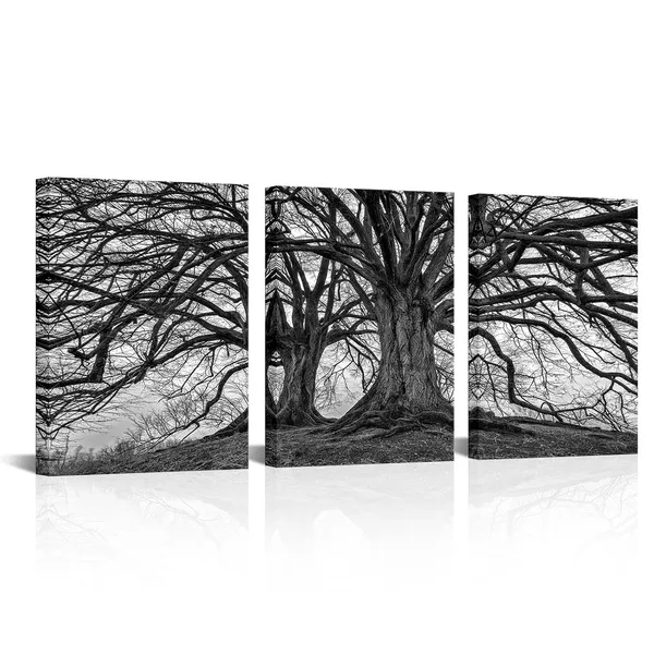 Multicolor_3_Pieces_Black_And_White_Trees_Canvas_Wall_Art_Winter_Oak_Trees_Branches_Picture_Nature_Scenery_Giclee_Prints_Framed_And_Stretched_Artwork_|_For_Home_Living_Room_Bedroom