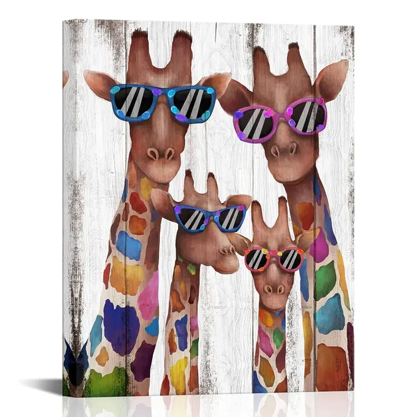 Multicolor_Mom_Dad_Babies_Giraffes_Canvas_Prints_Animal_Painting_Wall_Decor_Dual_View_Picture_On_Wood_Background_Canvas_Prints_Wall_Art_Decor_|_For_Modern_Home_Kids_Bedroom_Nursery_Decoration