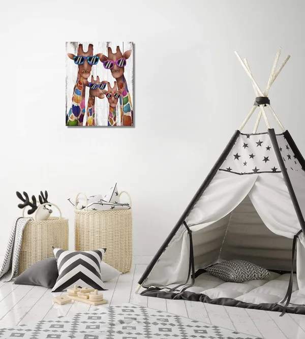 Multicolor_Mom_Dad_Babies_Giraffes_Canvas_Prints_Animal_Painting_Wall_Decor_Dual_View_Picture_On_Wood_Background_Canvas_Prints_Wall_Art_Decor_|_For_Modern_Home_Kids_Bedroom_Nursery_Decoration