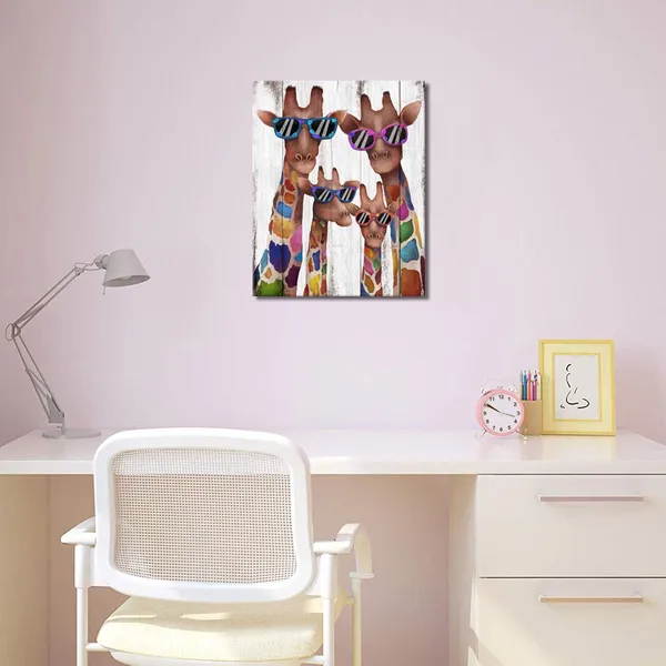 Multicolor_Mom_Dad_Babies_Giraffes_Canvas_Prints_Animal_Painting_Wall_Decor_Dual_View_Picture_On_Wood_Background_Canvas_Prints_Wall_Art_Decor_|_For_Modern_Home_Kids_Bedroom_Nursery_Decoration