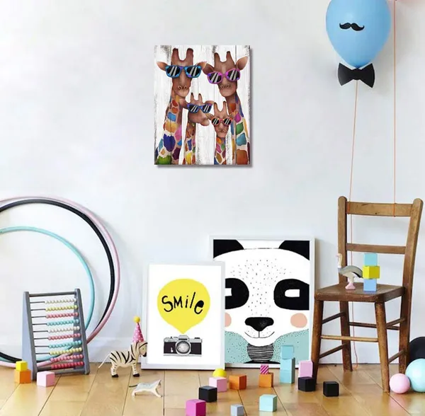 Multicolor_Mom_Dad_Babies_Giraffes_Canvas_Prints_Animal_Painting_Wall_Decor_Dual_View_Picture_On_Wood_Background_Canvas_Prints_Wall_Art_Decor_|_For_Modern_Home_Kids_Bedroom_Nursery_Decoration