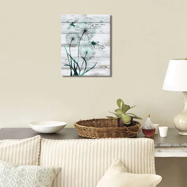 Multicolor_Abstract_Teal_Dragon_With_Dandelions_Rustic_Wood_Texture_Background_Canvas_Wall_Art_Prints_Gallery_Wrapped_Picture_Ready_To_Hang_|_For_Home_Office_Bedroom_Living_Room_Wall_Decoration