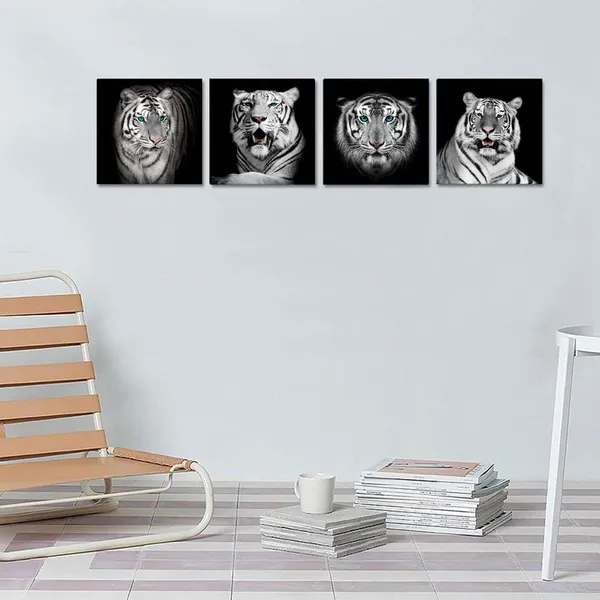 Multicolor_Black_And_White_Animals_Wall_Art,Tiger_Giclee_Canvas_Prints,Modern_Tigers_Wall_Decor,Photo_To_Picture_Painting_Prints,Framed_And_Stretched,Home_Wall_Decoration_(Framed,_Tiger)