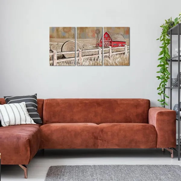 Brown_Rustic_Farmhouse_Wall_Decor_Red_Barn_Windmill_Painting_Country_Wall_Art,_Framed_Artwork_Farmhouse_Decor_(16"X24"X3_Pieces)