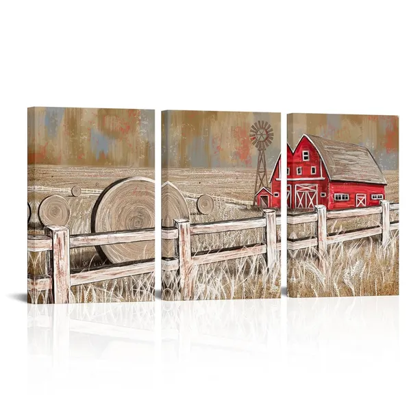Brown_Rustic_Farmhouse_Wall_Decor_Red_Barn_Windmill_Painting_Country_Wall_Art,_Framed_Artwork_Farmhouse_Decor_(16"X24"X3_Pieces)