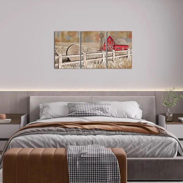 Brown_Rustic_Farmhouse_Wall_Decor_Red_Barn_Windmill_Painting_Country_Wall_Art,_Framed_Artwork_Farmhouse_Decor_(16"X24"X3_Pieces)