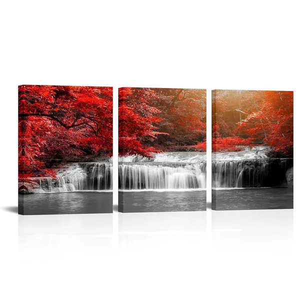 Red_3_Pieces_Black_White_And_Red_Canvas_Wall_Art_Red_|_Forest_Waterfall_Poster_Print_Landscape_Picture_Framed_Artwork_|_For_Office_And_Home_Decor_Ready_To_Hang_12X16Inchx3Pcs