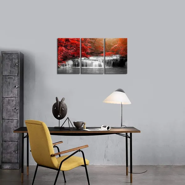 Red_3_Pieces_Black_White_And_Red_Canvas_Wall_Art_Red_|_Forest_Waterfall_Poster_Print_Landscape_Picture_Framed_Artwork_|_For_Office_And_Home_Decor_Ready_To_Hang_12X16Inchx3Pcs