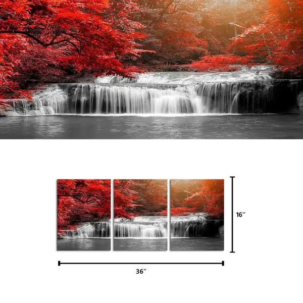 Red_3_Pieces_Black_White_And_Red_Canvas_Wall_Art_Red_|_Forest_Waterfall_Poster_Print_Landscape_Picture_Framed_Artwork_|_For_Office_And_Home_Decor_Ready_To_Hang_12X16Inchx3Pcs