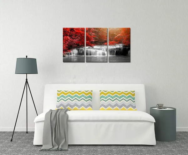 Red_3_Pieces_Black_White_And_Red_Canvas_Wall_Art_Red_|_Forest_Waterfall_Poster_Print_Landscape_Picture_Framed_Artwork_|_For_Office_And_Home_Decor_Ready_To_Hang_12X16Inchx3Pcs