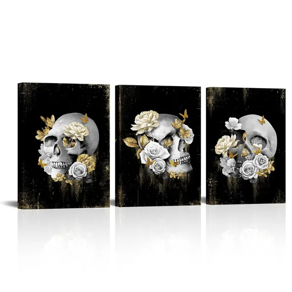 Black_Gothic_Wall_Art_Broken_Grey_Skull_And_Gold_Floral_Painting_Gothic_Room_Decor,_Framed_Artwork_|_For_Walls_(Small)