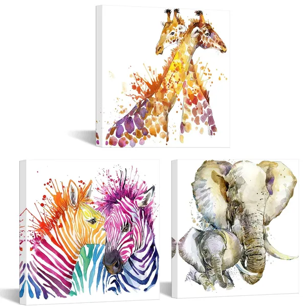 Multicolor_Abstract_Animals_Canvas_Wall_Art_Zebra_Giraffe_Elephant_Wall_Decal_Art_Animals_Watercolor_Painting_Prints_Decor_|_For_Bedroom_Living_Room_Classroom_Gift_|_For_Kids