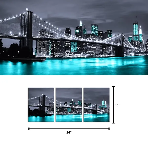 Multicolor_Black_White_And_Teal_Blue_New_York_Brooklyn_Bridge_Cityscape_Night_Building_Skyline_Picture_Canvas_Prints_Wall_Art_|_For_Modern_Home_Office_Bedroom_Decoration