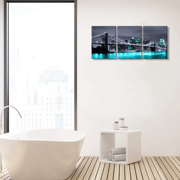 Multicolor_Black_White_And_Teal_Blue_New_York_Brooklyn_Bridge_Cityscape_Night_Building_Skyline_Picture_Canvas_Prints_Wall_Art_|_For_Modern_Home_Office_Bedroom_Decoration
