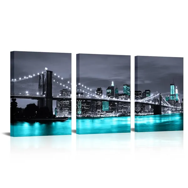 Multicolor_Black_White_And_Teal_Blue_New_York_Brooklyn_Bridge_Cityscape_Night_Building_Skyline_Picture_Canvas_Prints_Wall_Art_|_For_Modern_Home_Office_Bedroom_Decoration