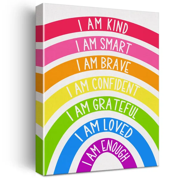 Multicolor_Rainbow_Kids_Affirmations_Wall_Art_Canvas_Painting_Print_Framed_I_Am_Kind_Smart_Loved_Artwork_Canvas_Sign_|_For_Nursery_Decor_(12_X_16_Inch)