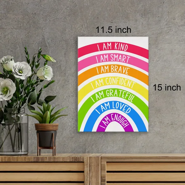 Multicolor_Rainbow_Kids_Affirmations_Wall_Art_Canvas_Painting_Print_Framed_I_Am_Kind_Smart_Loved_Artwork_Canvas_Sign_|_For_Nursery_Decor_(12_X_16_Inch)